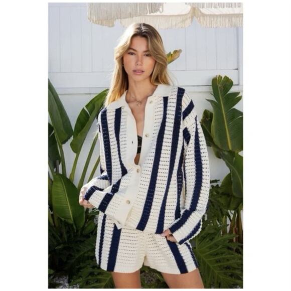 Whiteroom + Cactus Cotton Navy and Ecru Open Knit Resort Short Set Size Medium - Picture 1 of 9